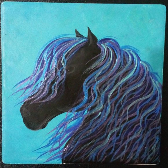 Hand Crafted Painted Cerulean Blue Metallic Horses Coasters Home Decor Interior - Picture 4 of 6